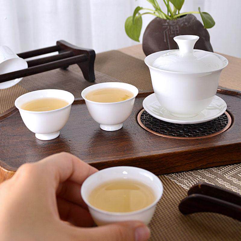 一盖碗三杯高白瓷套装套装三才盖碗潮州功夫茶具耐高温薄胎骨瓷杯