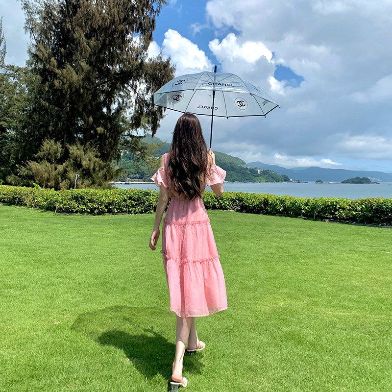 桔梗法式渡假风气质名媛款绝美仙女连衣裙女夏季显瘦露肩雪纺长裙