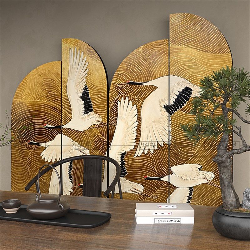 定制手绘漆画装饰画中式金箔画屏风客厅茶室简约隔断折叠背景折屏