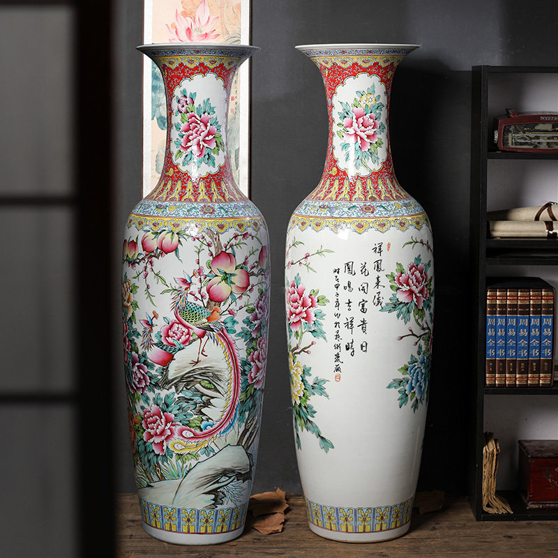 景德镇陶瓷落地大花瓶仿古手工粉彩花鸟客厅摆件酒店装饰摆件