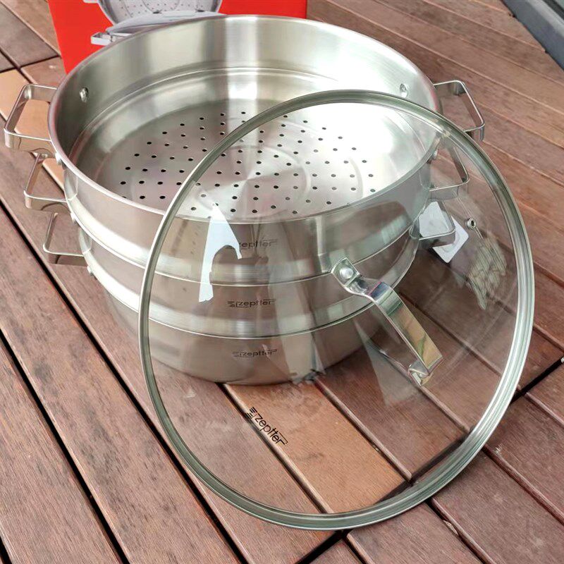 出口欧洲zepter三层不锈钢蒸锅不锈钢汤锅蒸笼30cm口径钢化玻璃盖
