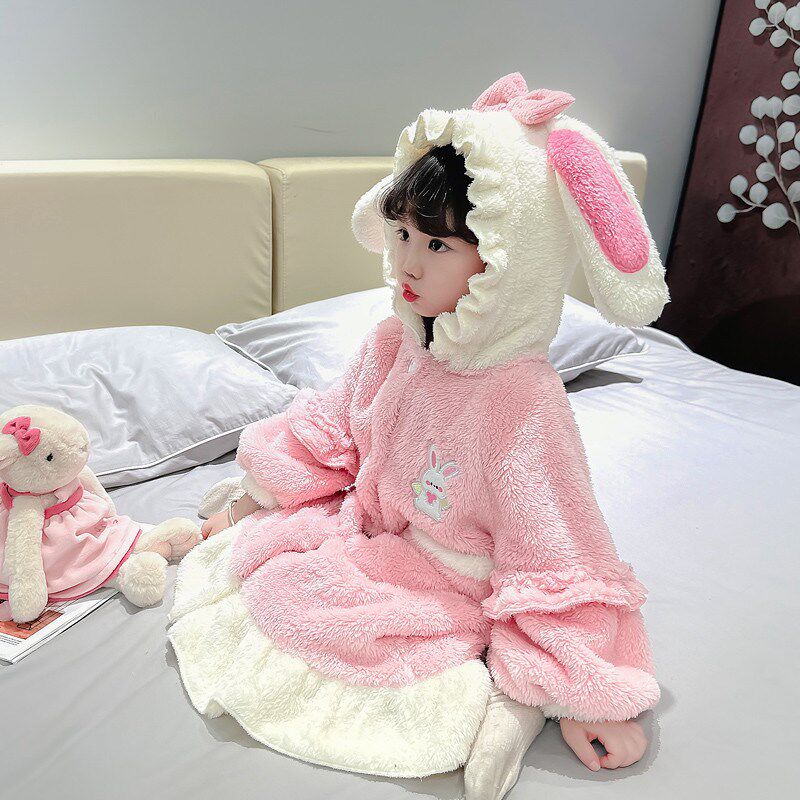 儿童小兔子连帽睡袍2025新款女童睡裙毛绒女宝宝可爱睡衣网红冬装