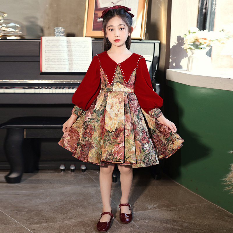 女童生日公主裙儿童高端礼服花童红色小女孩主持人钢琴演出服冬季