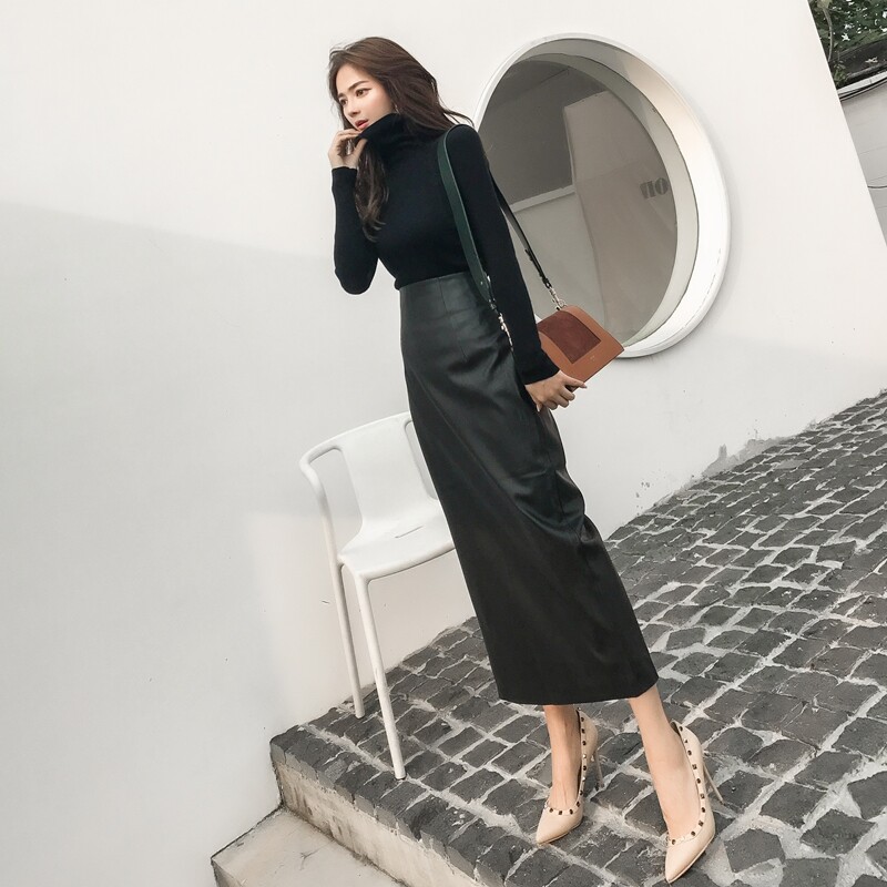 皮裙女2021新款秋冬显瘦高腰包臀裙超长款开叉一步裙半身裙皮长裙