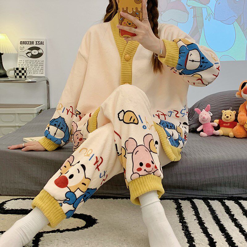 珊瑚绒大码睡衣女200斤胖mm秋冬季加厚保暖法兰绒可爱家居服套装