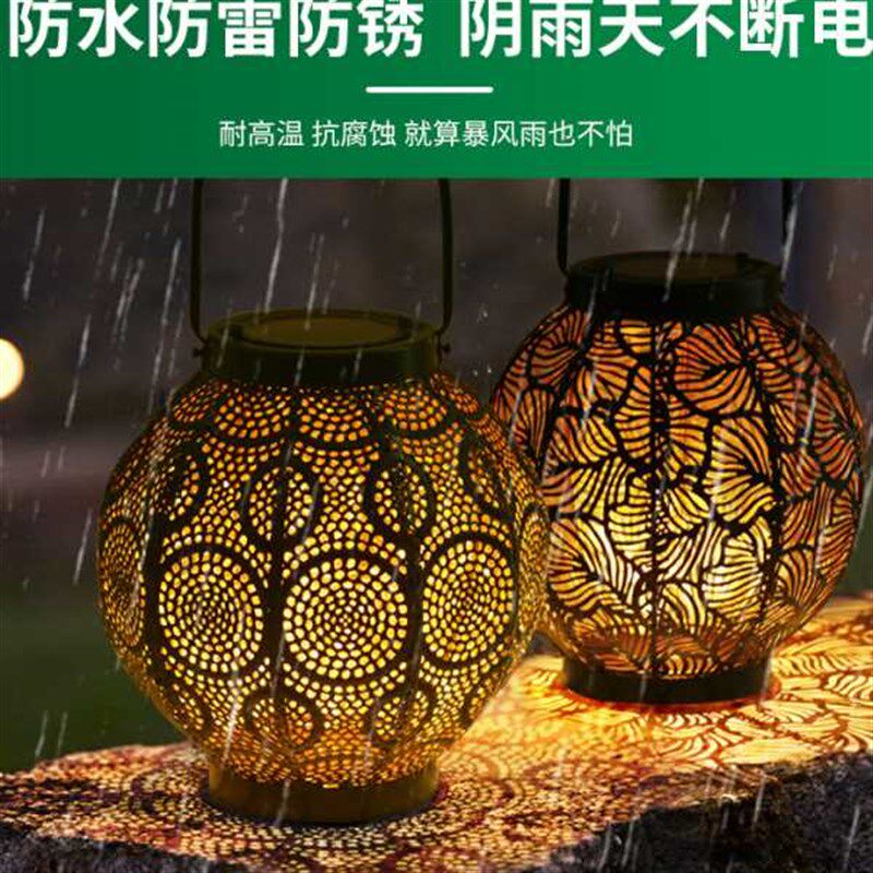 新品太阳能户外庭院灯镂空装饰光影铁件手提灯笼花园氛围灯防水