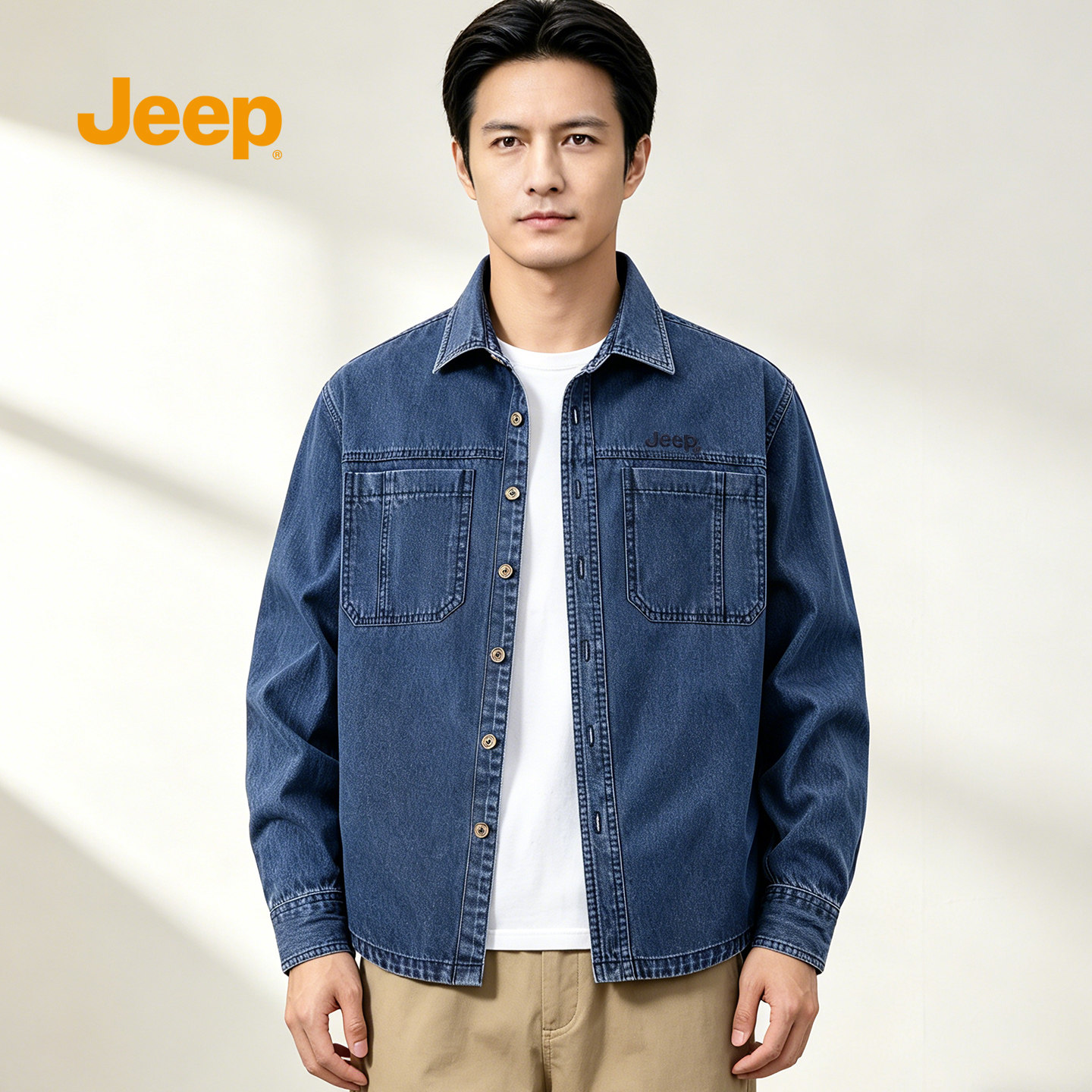 JEEP吉普翻领长袖休闲牛仔衬衫