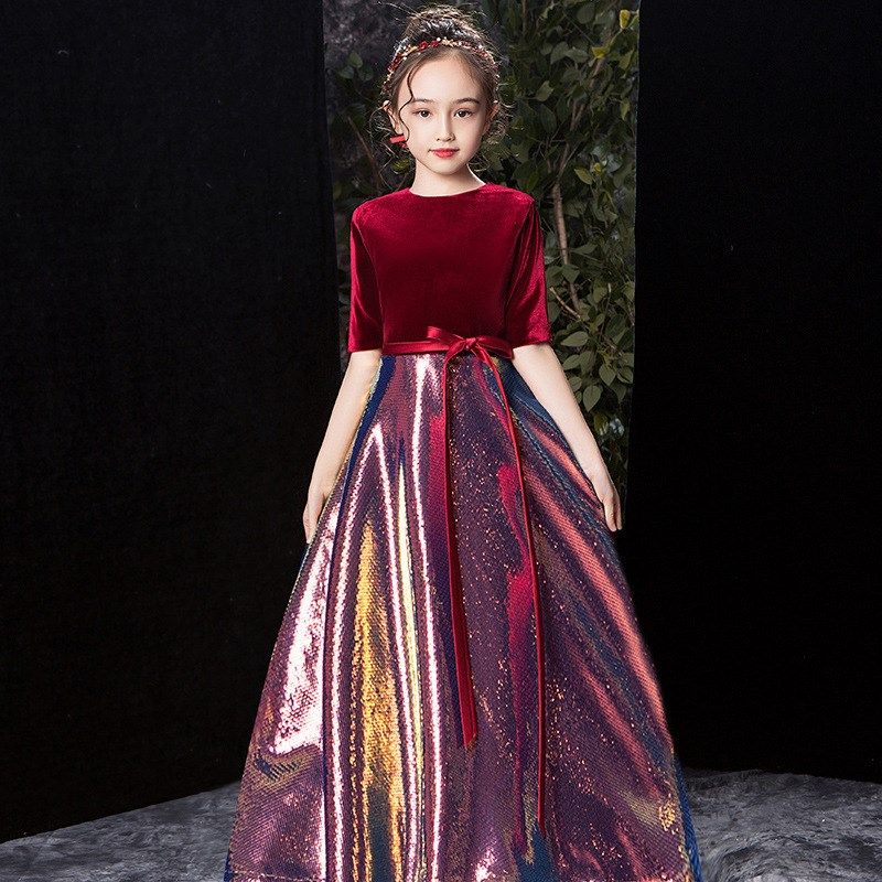女大童胖mm大码礼服公主裙红色洋气走秀生日宴会公主裙钢琴演奏服