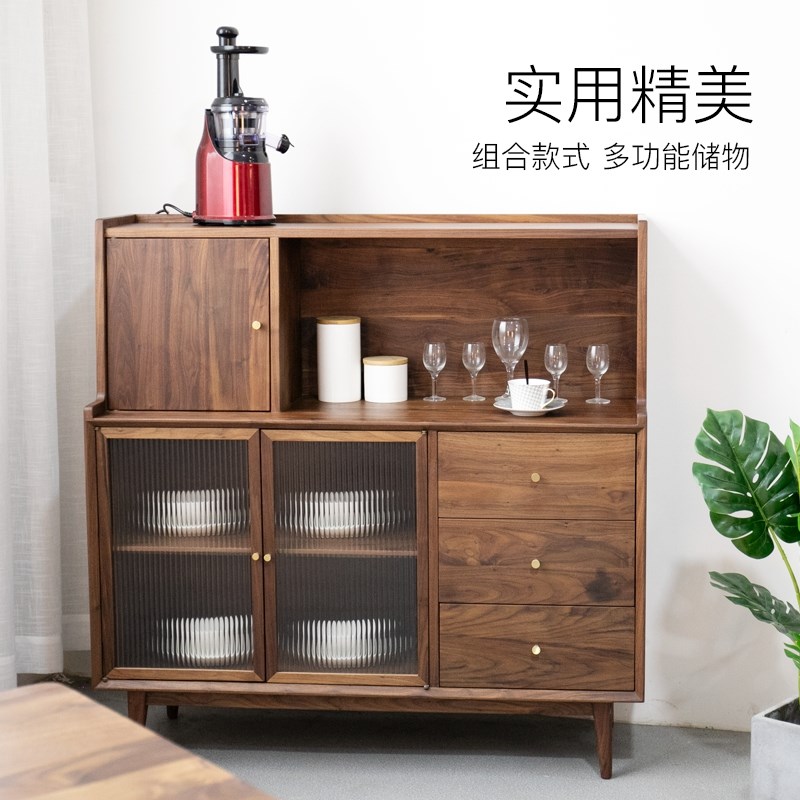 润涵餐边柜黑胡桃实木茶水柜酒柜一体靠墙厨房柜子储物柜客厅边柜