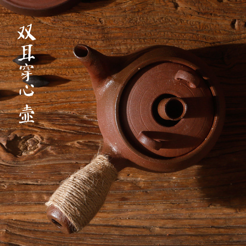 手工粗陶砂铫柴烧原矿老岩泥穿心茶壶 养生炭炉煮茶壶组合