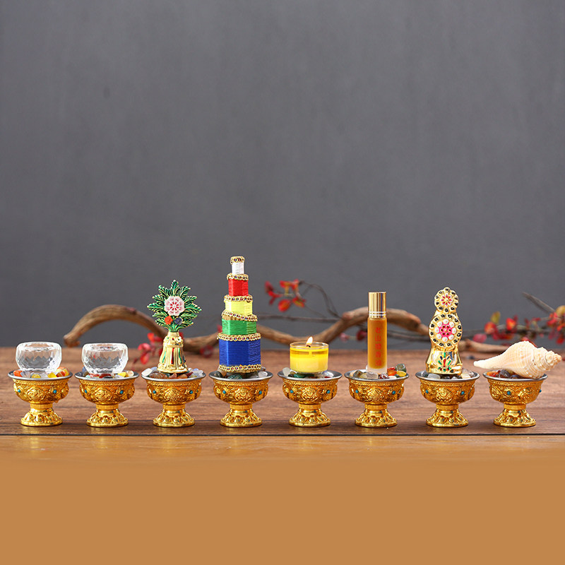 佛前八供养摆件酥油花食子锌合金小号供杯密宗吉祥八供品组合套装