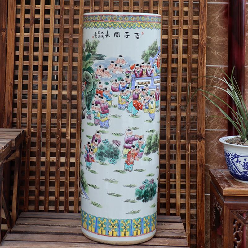 景德镇陶瓷手绘粉彩瓷百子图花瓶直筒客厅书房酒店家居饰品摆饰