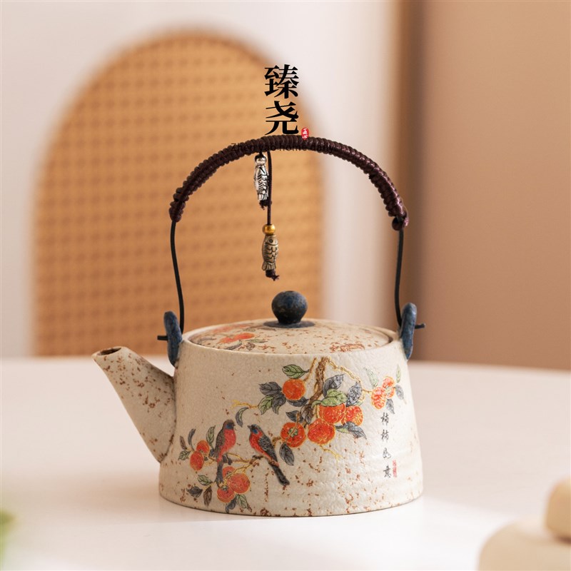 青花火石红提梁梁壶简约过滤单壶家用陶瓷功夫茶具泡茶壶送礼礼盒