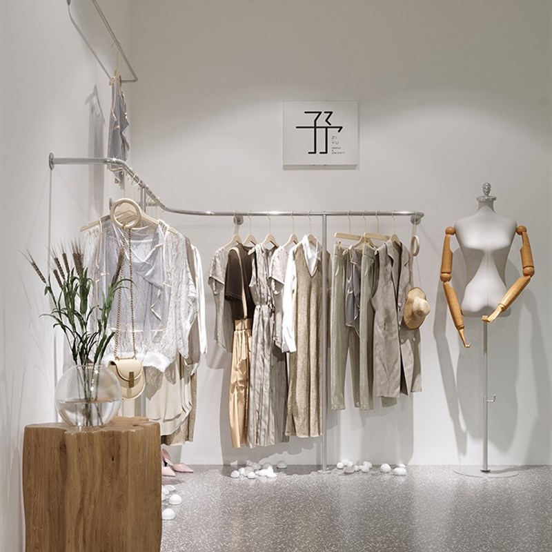 靠墙转角上墙挂衣架女装店轻奢风服装展示架墙角拐角银色架子简约
