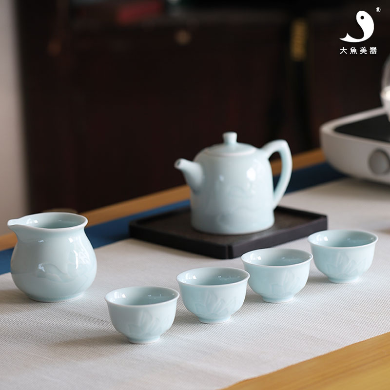 大鱼美器 莲花茶具整套 影青手工荷花茶壶套组景德镇功夫茶具礼品