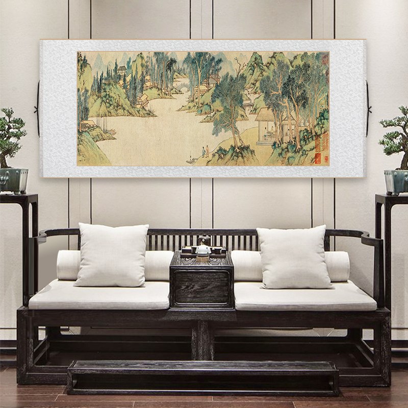 名家上睿携琴访友图新中式卷轴挂画传世名画文徽明浒溪草堂图壁画