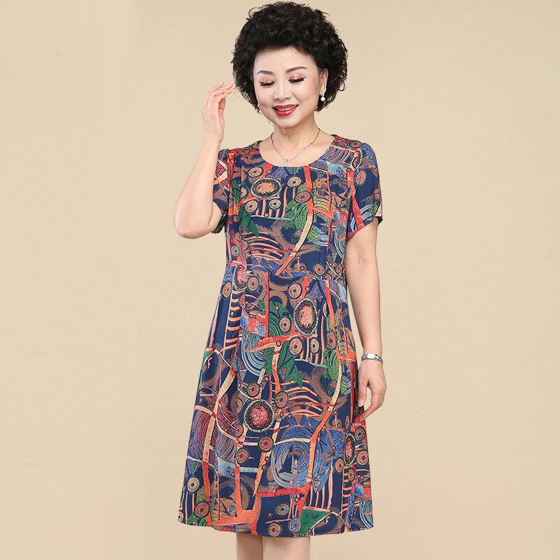 妈妈棉绸连衣裙中老年人夏装女60岁奶奶装老太太洋气大码夏季裙子
