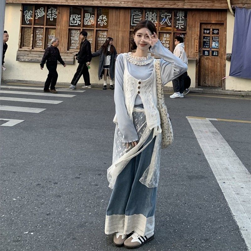 大码胖mm温柔吊带马甲打底衫网纱半身围裙牛仔裤女春夏叠穿四件套