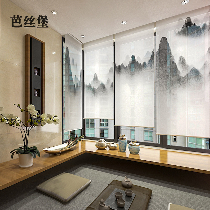 中式卷帘窗帘布艺帘子软隔断屏风办公室窗户卧室客厅售楼部装饰