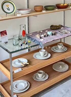 不锈钢极简多层餐柜中古风钢化玻璃展示柜商用落地置物架收纳架