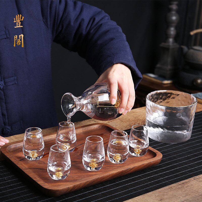 日式金边锤纹玻璃酒壶温酒器家用烫酒壶黄酒加热透明酒具酒杯套装