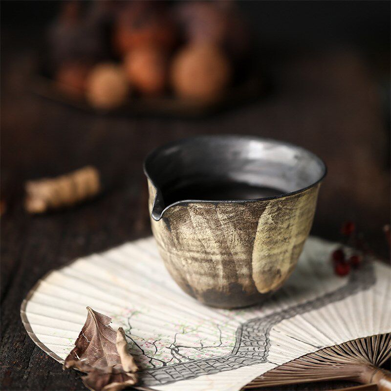 黑色粉引原朴公道杯景德镇纯手工粗陶覆古侘寂风茶具禅意茶海匀杯