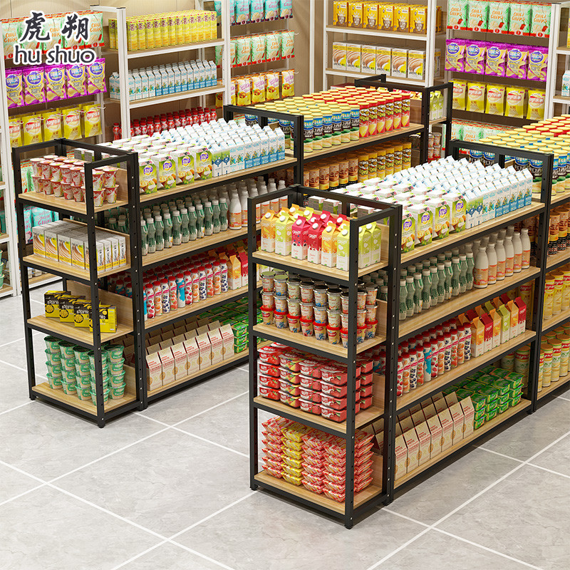 虎朔超市货架便利店置物架商店零食柜文具店木质柜双面多层展示架