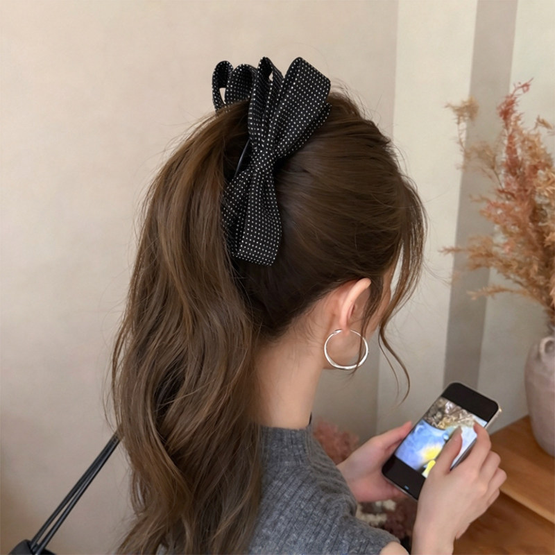 黑白波点蝴蝶结香蕉夹女布艺竖夹后脑勺盘发夹子复古气质韩系发饰