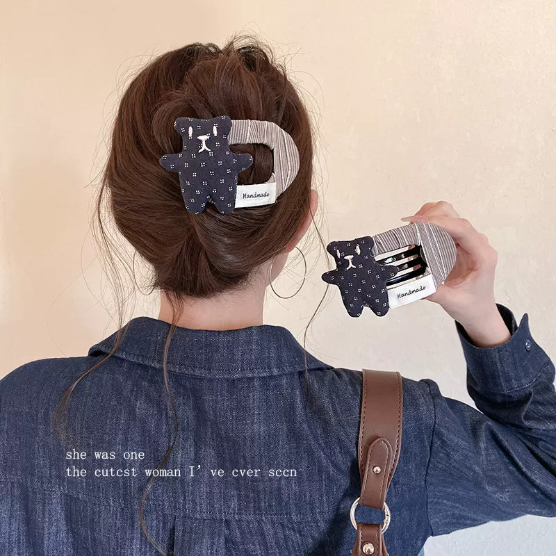 黑色碎花小熊刺绣香蕉夹布艺竖夹防滑扭扭夹少女后脑勺盘发夹发饰