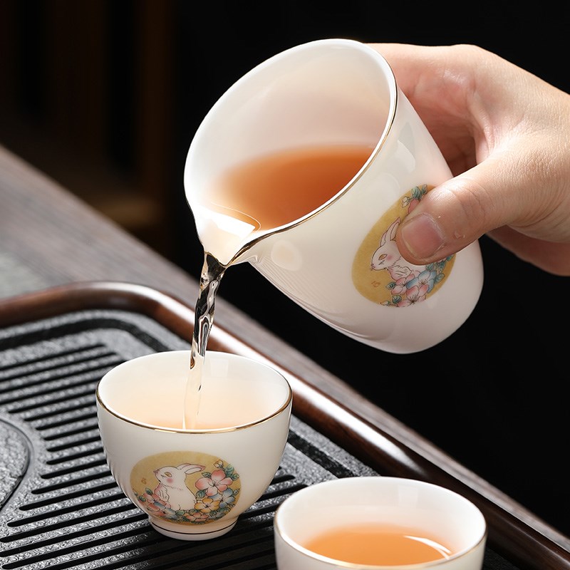羊脂玉瓷玉兔功夫茶具套装描金白瓷三才盖碗茶杯整套家用喝茶中式