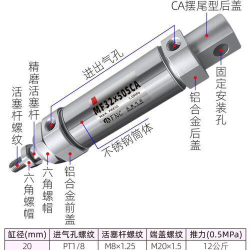 气动MFC不锈钢迷你气缸复动型可调行程带磁MF 20/25/32/40-100CM
