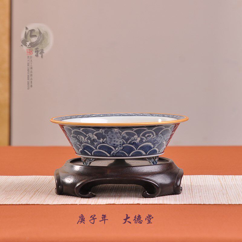 极姬蒲草迎春老鸦柿盆传统手绘青花瓷盆三开窗矾红山水小景六方盆