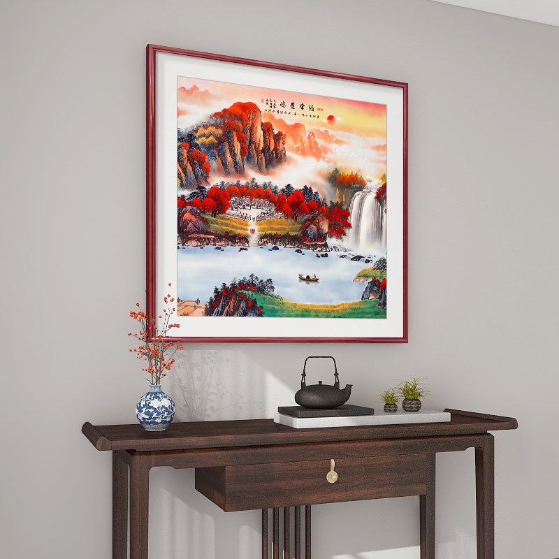 鸿运当头新中式玄关装饰画办公室山水画背景墙挂画客厅靠山画招财
