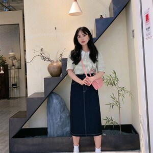 小小家 老粉熟悉敲好穿的竹节棉牛仔短裙高腰显高显瘦A字半身裙