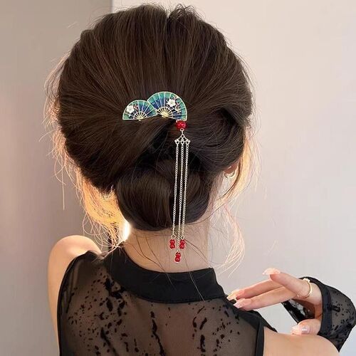 含蓄古风扇子款流苏倒插夹梳国风步摇发簪汉服发梳女发卡盘发头饰