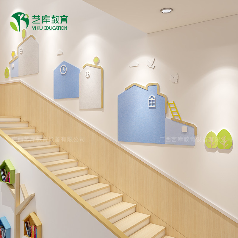 幼儿园文化主题墙毛毡板房子组合教室大厅走廊楼梯墙面装饰照片墙