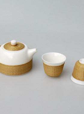 中国非遗手工艺竹丝扣瓷茶具茶壶套装商务送礼瓷胎竹编泡茶壶礼盒