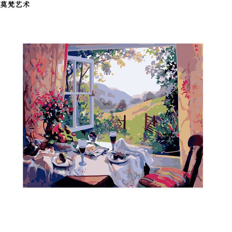 数字油画diy填充美式花园餐厅手工填色画画餐桌上的花瓶油彩挂画