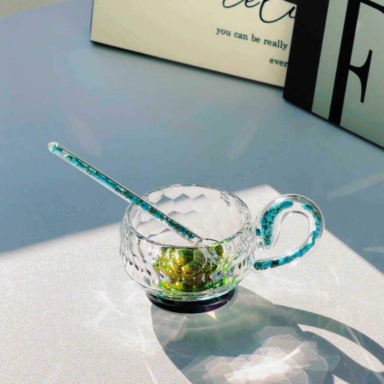 礼盒装高颜值水晶绿松石把手咖啡杯茶杯送勺子JJJJ