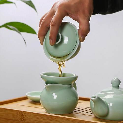青瓷功夫茶具套装家用轻奢高档陶瓷泡茶壶盖碗茶杯整套办公室茶