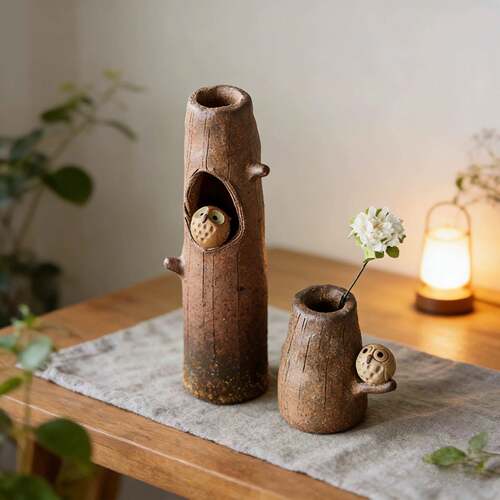 日本信乐烧手工陶器猫头鹰香插盘香座插花器桌面摆件可爱日式香