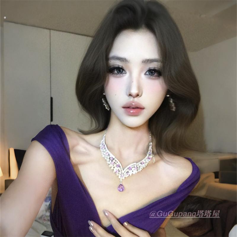 爆闪紫色水滴锆石项链耳环套装女轻奢高级感贵气晚礼服配饰锁骨链