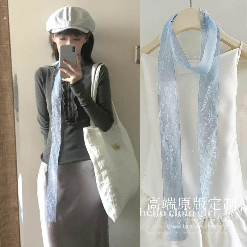 松弛感流沙长条丝巾飘带女春夏季甜美风蓝色小众装饰领巾配饰超长