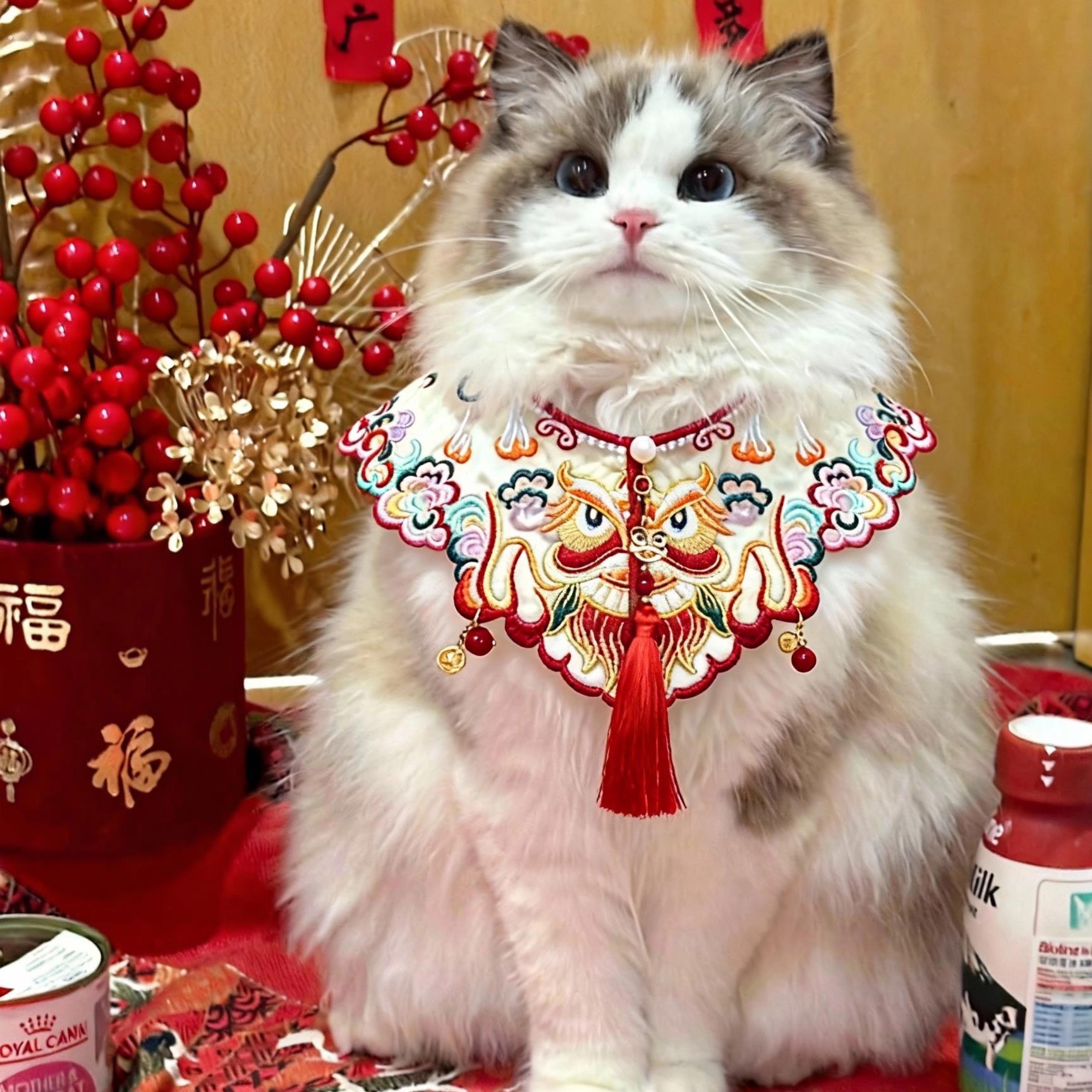 中国风猫咪新年围兜狗狗云肩刺绣醒狮喜庆节日宠物配饰英短布偶