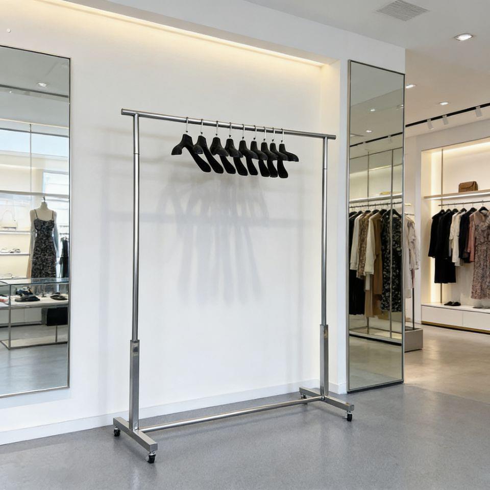 服装店展示衣架落地立式不锈钢可移动挂衣架带轮子陈列架晾衣架子