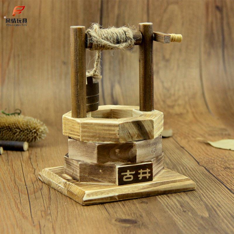 木制古水井工艺品 真手摇水井 麻绳小木桶民间工艺家居装饰摆件