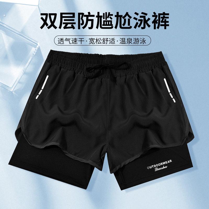 跨境爆款泳裤运动裤双层男士跑步运动健身防尴尬宽松沙滩裤游泳裤