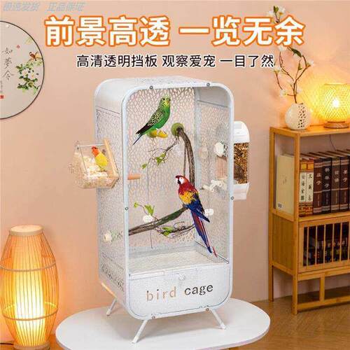 新款透明鹦鹉鸟笼全景亚克力笼具防溅观赏别墅家用鸟笼展示笼