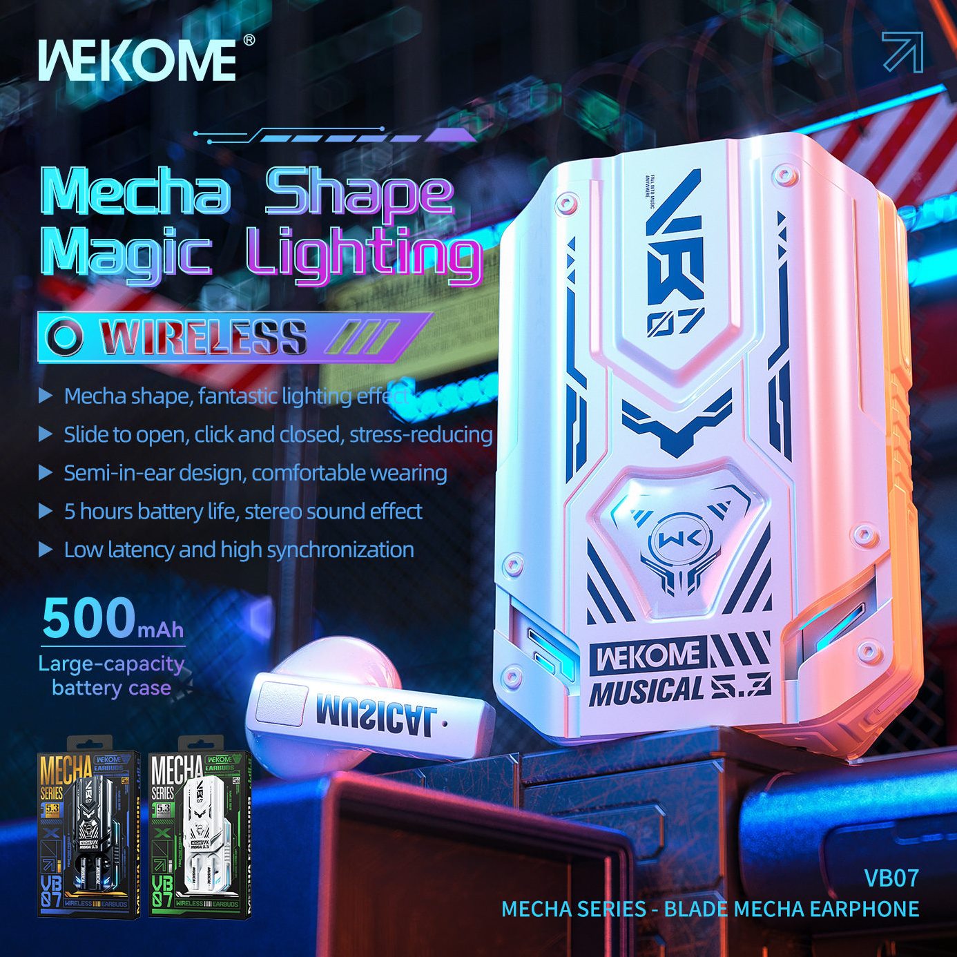 甄选WEKOME机甲刀锋创意滑盖蓝牙5.3炫彩耳机低延迟音乐游戏耳机V图片
