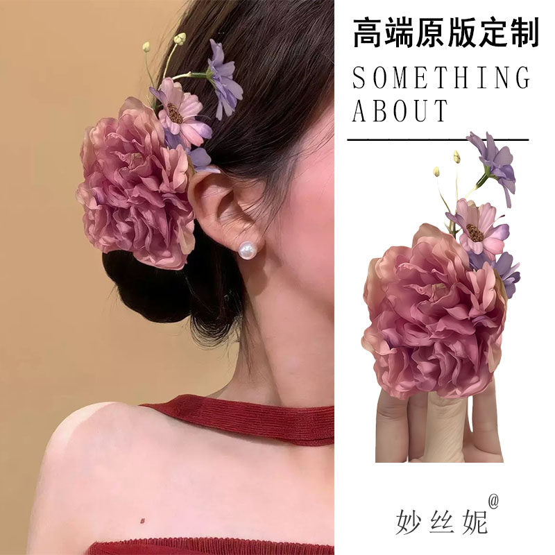 粉黛嫣然温柔粉色花朵发卡中式高颜值旗袍侧边头花旅行发饰发卡